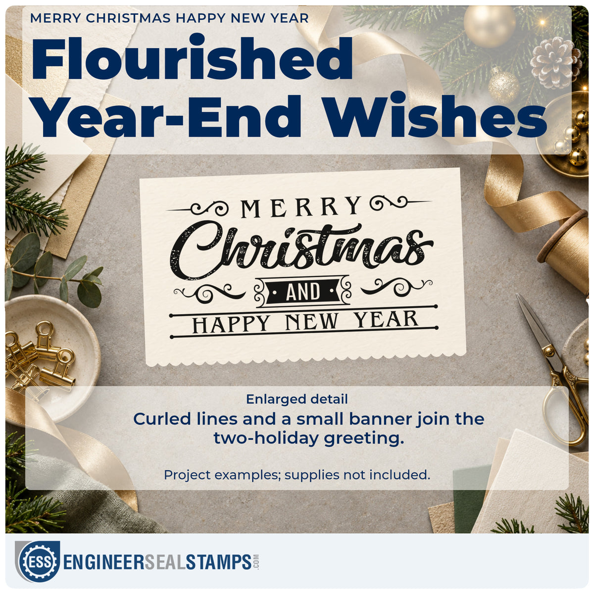 Enlarged detail of the Wood Handle Merry Christmas Happy New Year Rubber Stamp imprint. The greeting "Merry Christmas and happy new year" appears with curling flourishes, horizontal lines, and a small banner.