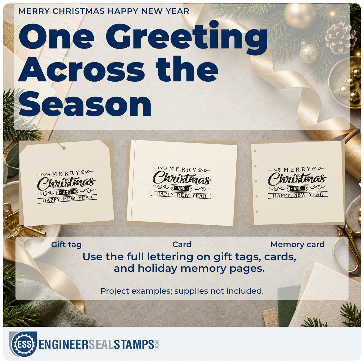 Three project examples made with the Merry Christmas Happy New Year Rubber Stamp – Duo Hand, including two week plan sheet.