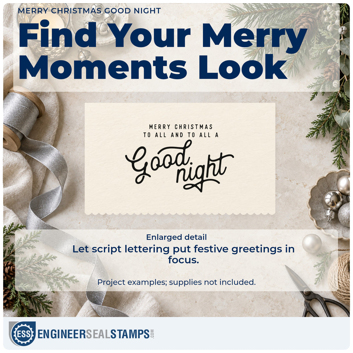 Enlarged detail of the Merry Christmas To All And To All A Good Night Rubber Stamp – Wood Handle imprint. The phrase "Merry Christmas to all and to all a good night" combines small capitals and sweeping script.