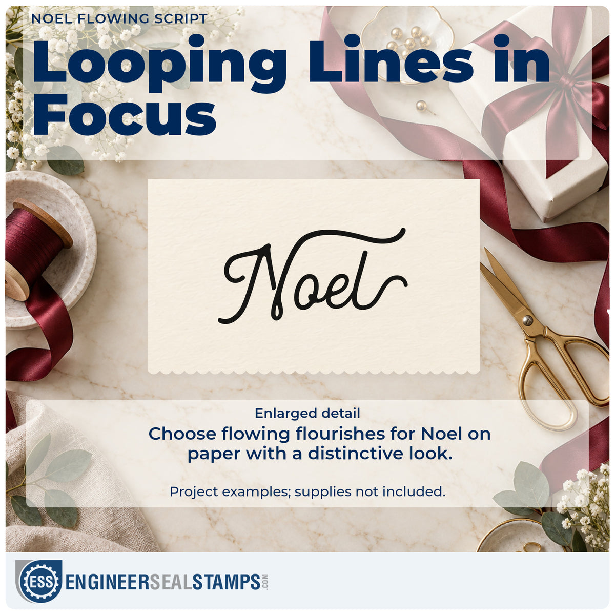 Enlarged detail of the PSI Pre-Inked Noel Flowing Script Lettering Stamp imprint. The single word "Noel" appears in large flowing script with extended flourishes.