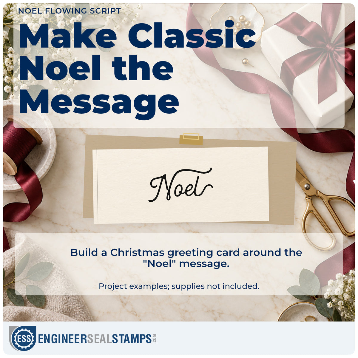 A finished handmade project stamped with the PSI Pre-Inked Noel Flowing Script Lettering Stamp, ideal for wide spread album.
