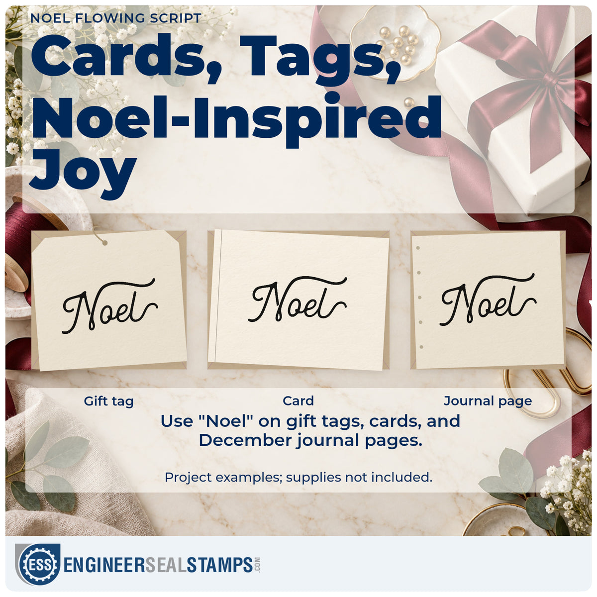 Three project examples made with the Noel Flowing Script Lettering Slim Pre-Inked Stamp, including letterhead rule sheet.