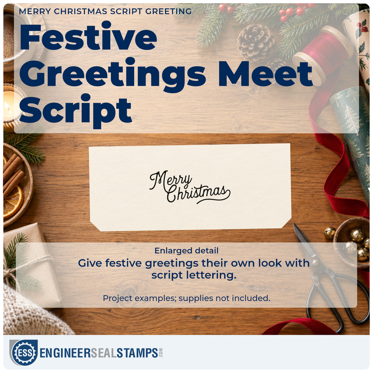 Enlarged detail of the Connected Christmas Script Greeting Compact Pre-Inked Stamp – Slim imprint. The words "Merry Christmas" appear in connected script with a sweeping underline.