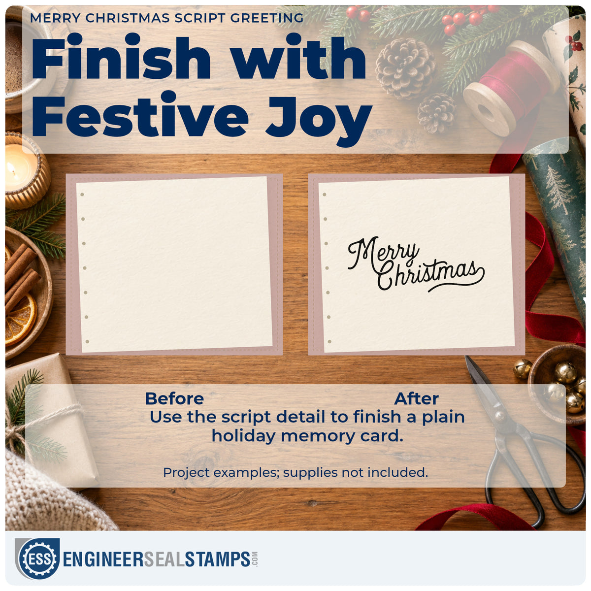 Before and after of a plain item finished with the Connected Christmas Script Greeting Self-Inking Stamp, a quick upgrade for framed studio print.