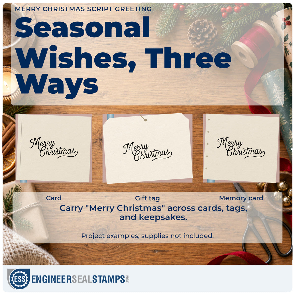 Three project examples made with the Connected Christmas Script Greeting Self-Inking Stamp, including drill repeat sheet.
