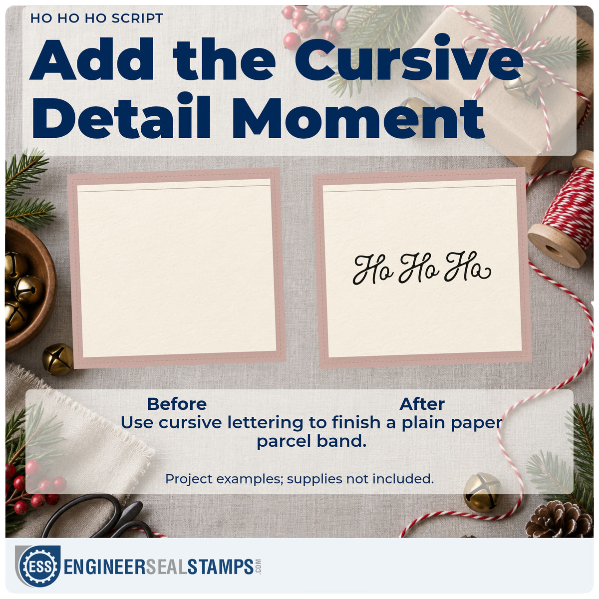 Before and after of a plain item finished with the Ho Ho Ho Script Stamp – Self-Inking, a quick upgrade for framed narrow strip.