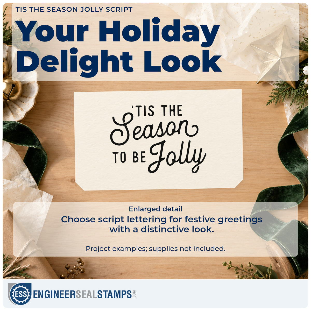 Enlarged detail of the Tis The Season Jolly Script Lettering Pre-Inked Stamp – PSI imprint. The phrase "'Tis the season to be jolly" combines plain capitals with large flowing script.