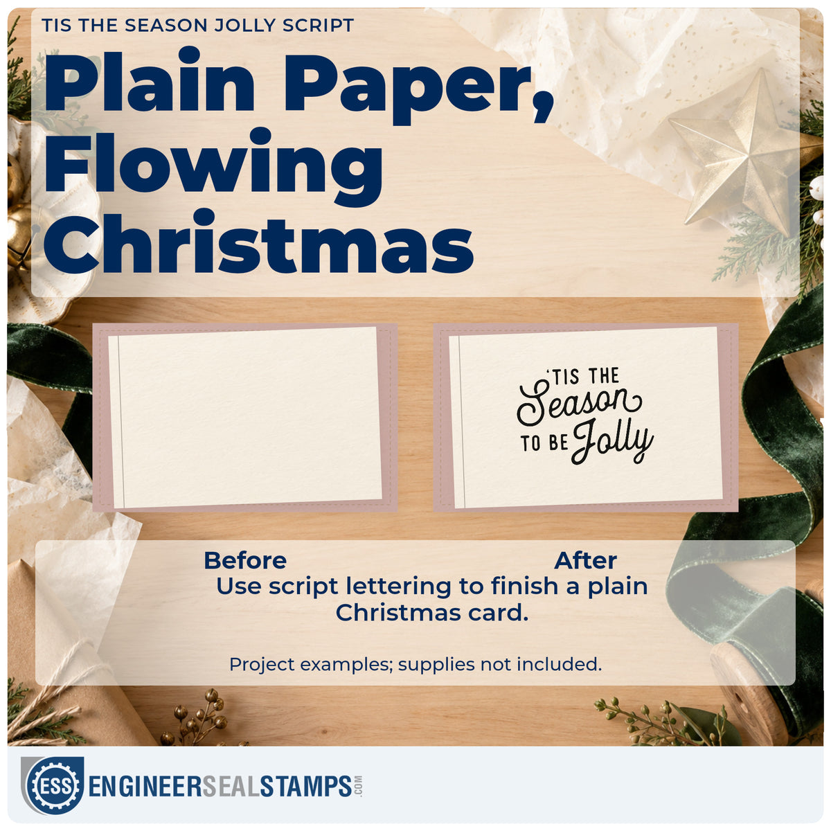 Before and after of a plain item finished with the Tis The Season Jolly Script Lettering Self-Inking Craft Stamp, a quick upgrade for tea towel printing.