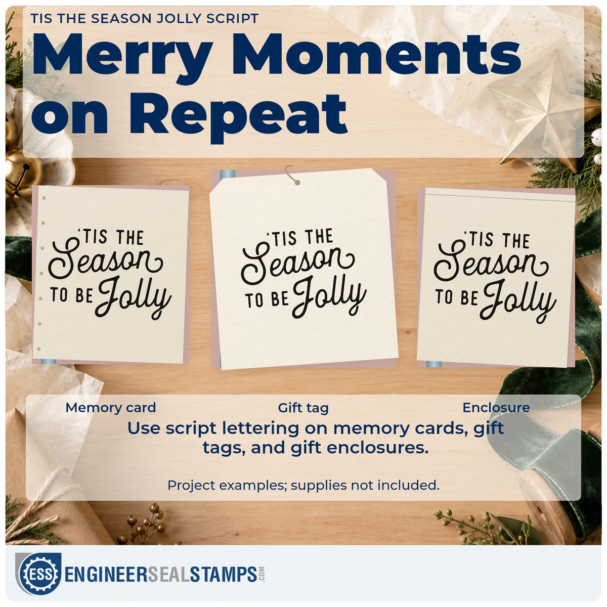 Three project examples made with the Tis The Season Jolly Script Lettering Rubber Stamp – Duo Hand, including everyday gift tags.