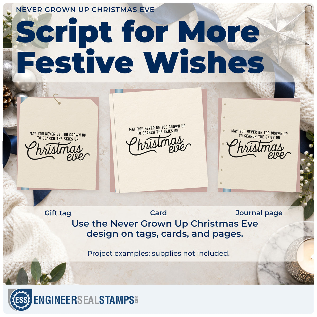 Three project examples made with the Never Grown Up Christmas Eve Hand Stamp – Duo, including night watch sheet.