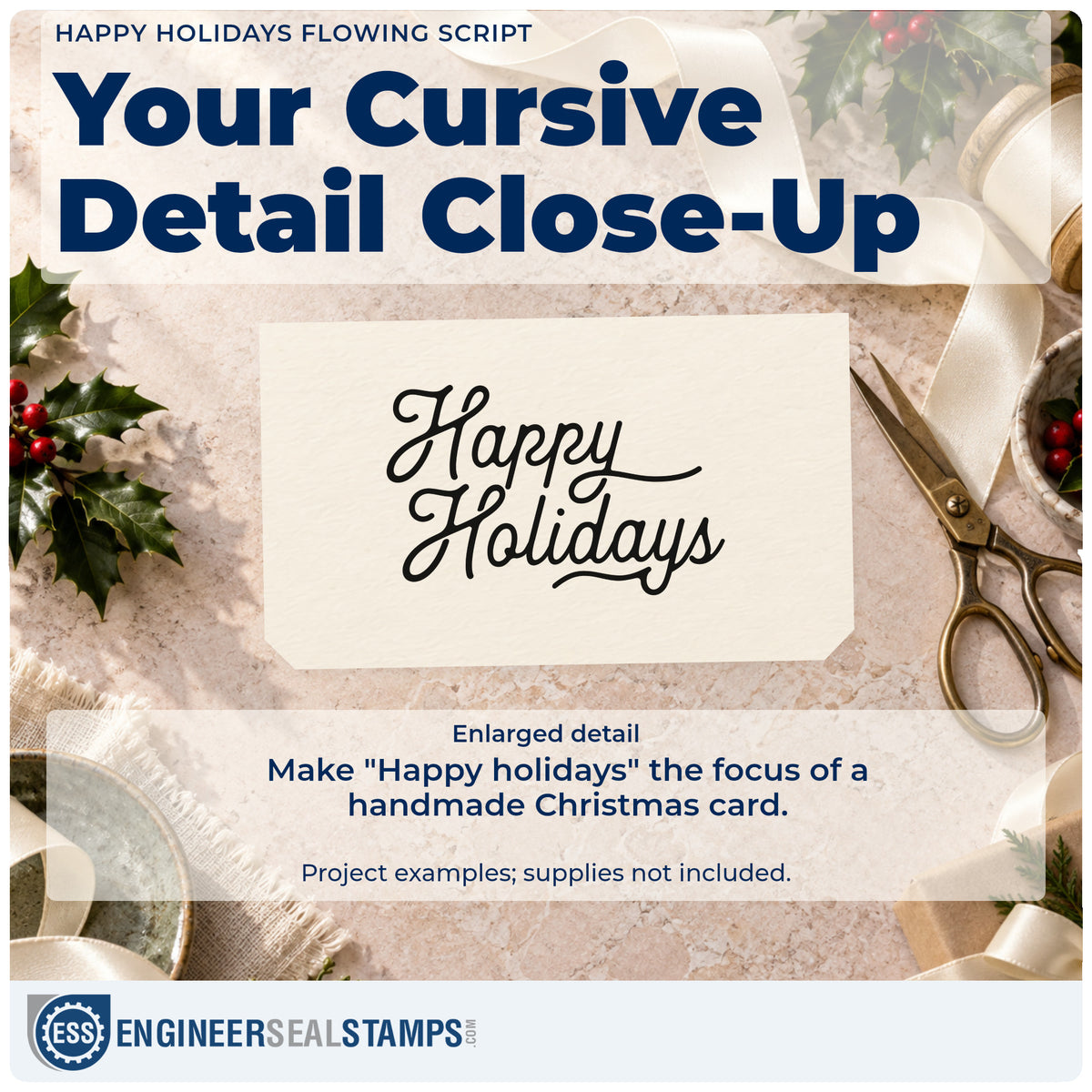 Enlarged detail of the Happy Holidays Flowing Script Lettering Slim Pre-Inked Stamp imprint. The words "Happy holidays" appear in flowing cursive with long finishing strokes.