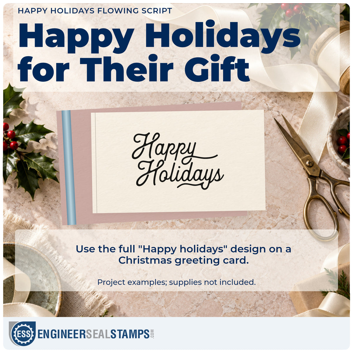 A finished handmade project stamped with the Happy Holidays Flowing Script Lettering Rubber Stamp – Wood Handle, ideal for signature album page.
