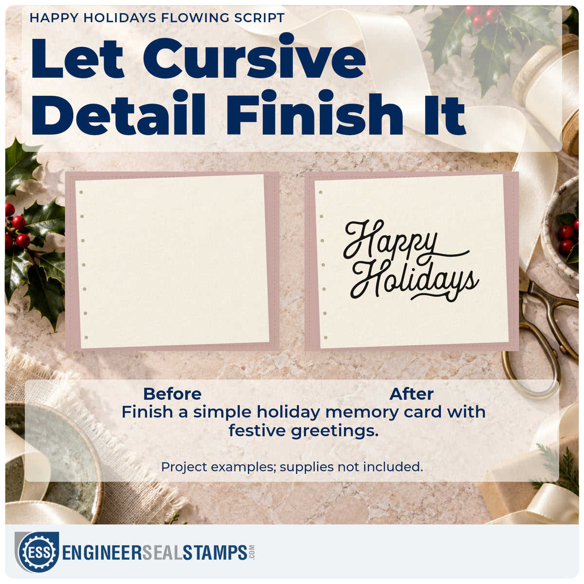 Before and after of a plain item finished with the Happy Holidays Flowing Script Lettering Rubber Stamp – Wood Handle, a quick upgrade for framed wide mat.