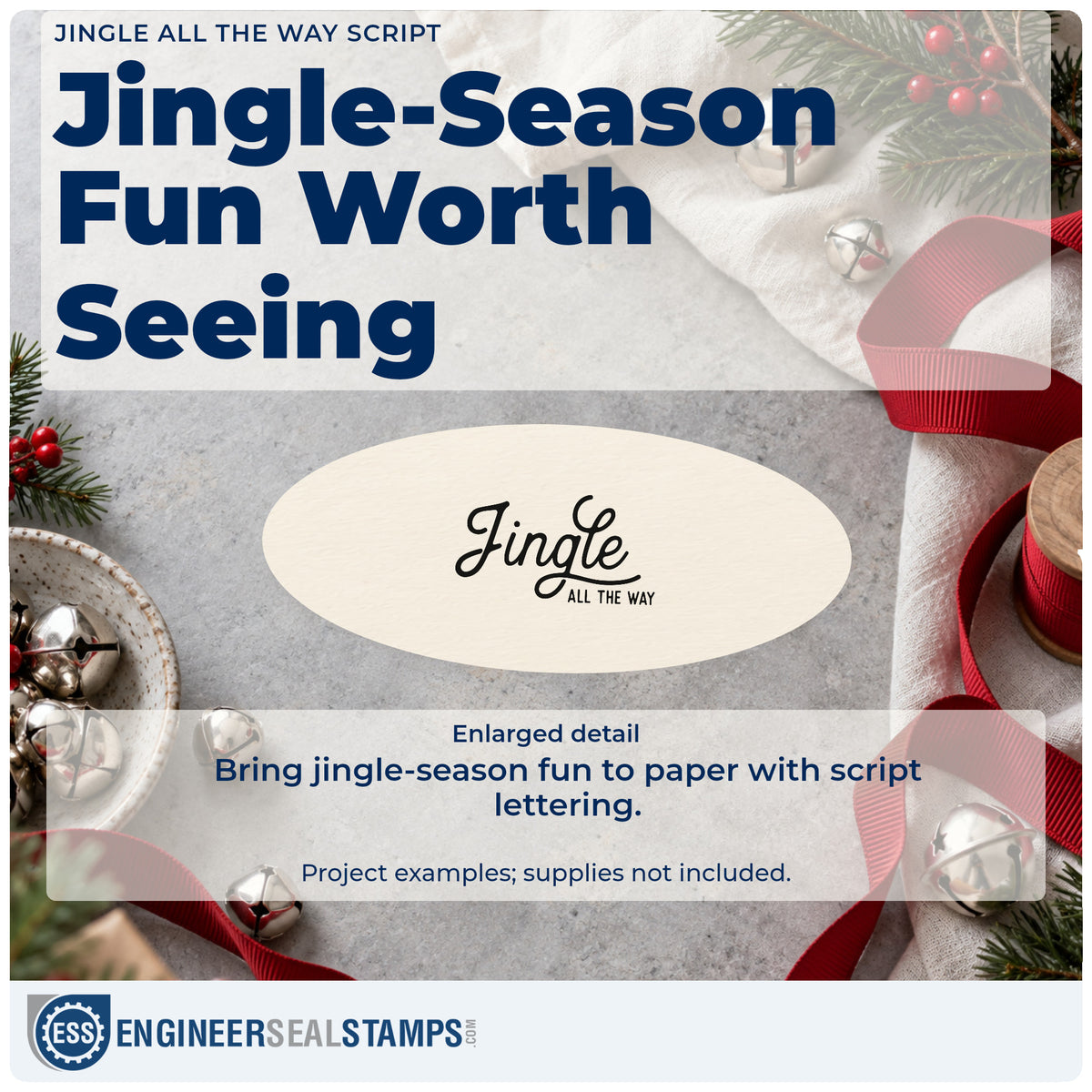 Enlarged detail of the Duo Hand Jingle All The Way Script Lettering Rubber Stamp imprint. The script word "Jingle" appears above small capital words "all the way."