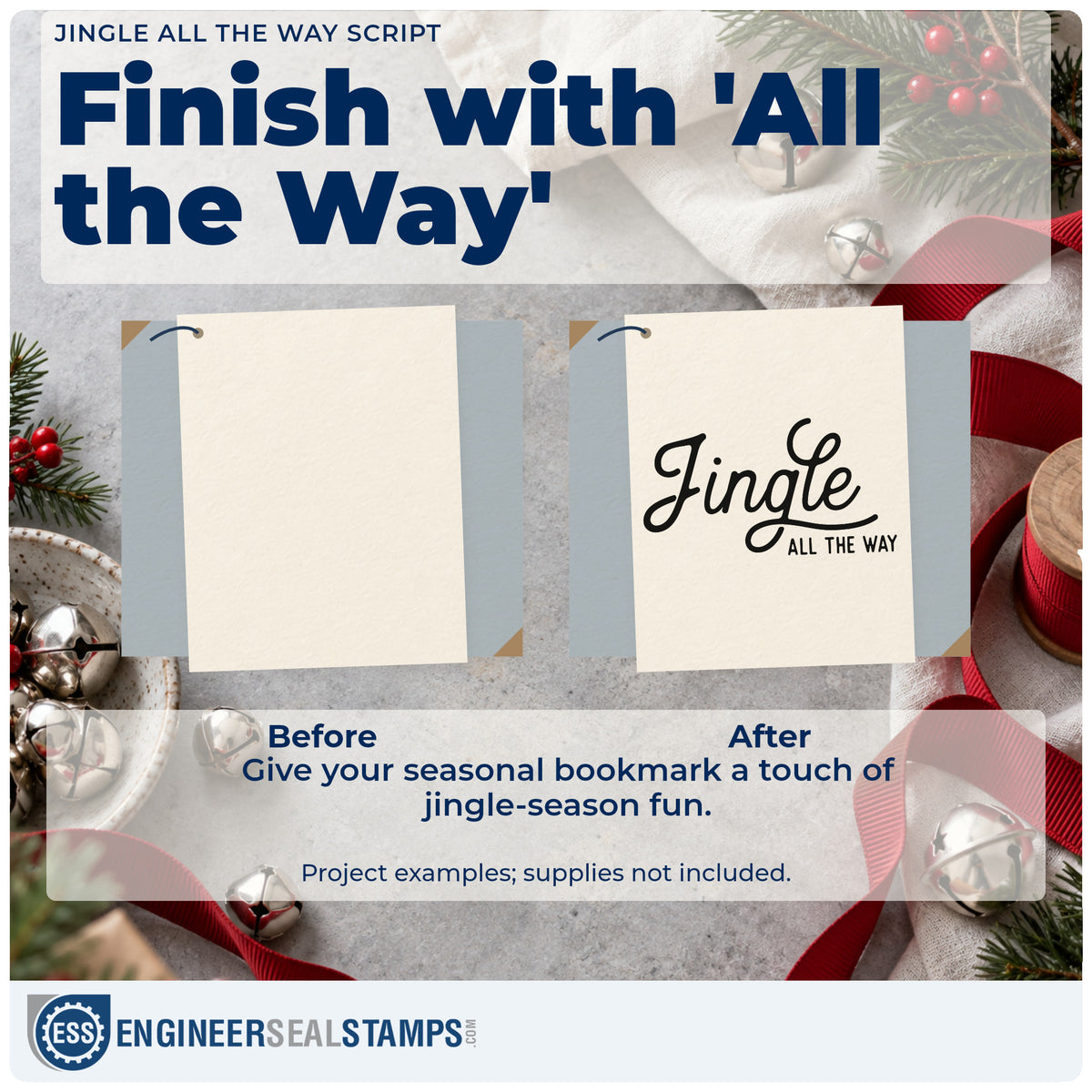 Before and after of a plain item finished with the Jingle All The Way Script Lettering Wood Handle Stamp, a quick upgrade for framed stacked mat.
