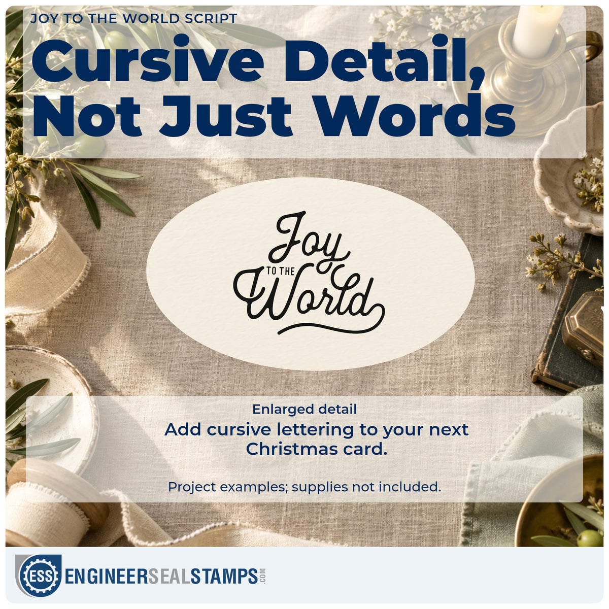 Enlarged detail of the Joy To The World Script Rubber Stamp – Wood Handle imprint. The words "Joy to the world" combine oversized cursive with small connecting text.