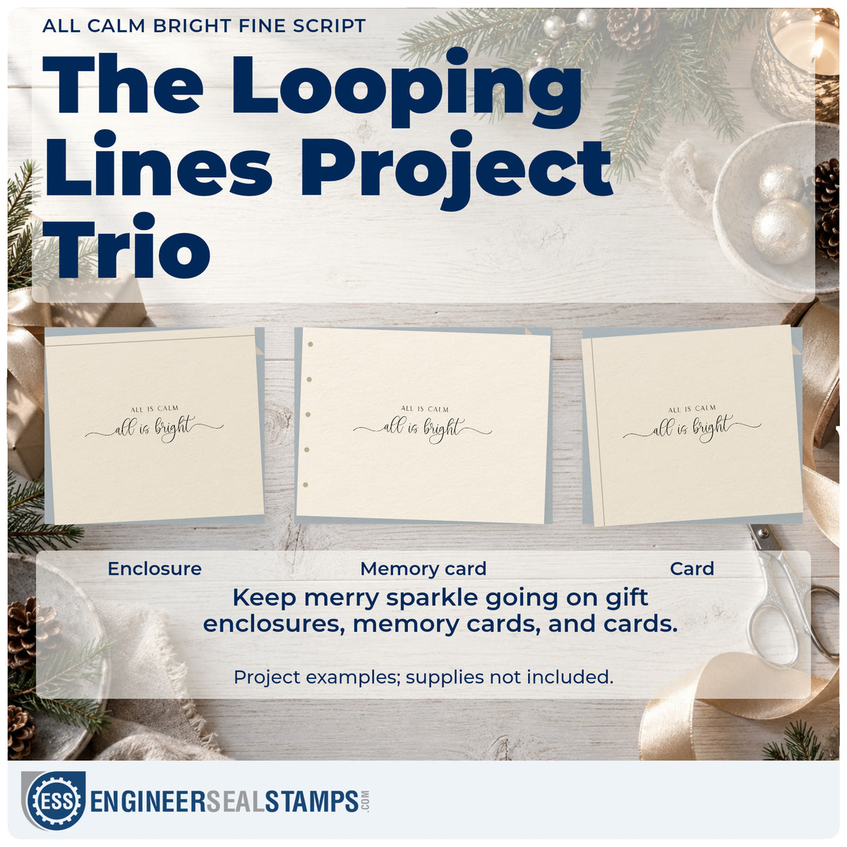 Three project examples made with the All Calm Bright Fine Script Lettering Rubber Stamp – Duo Hand, including slim note sheet.