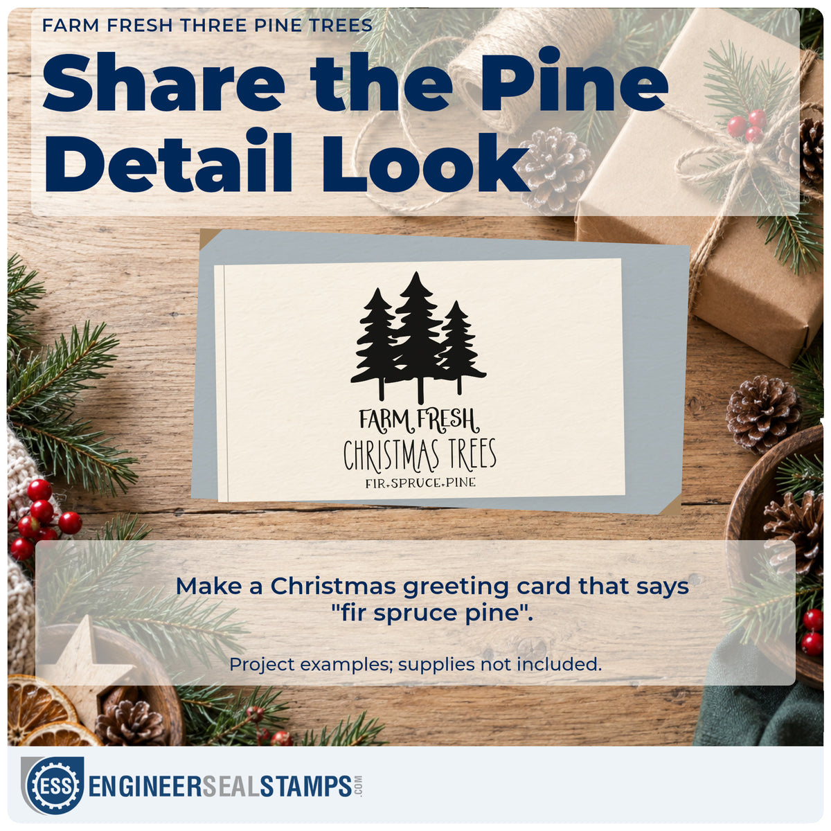 A finished handmade project stamped with the Farm Fresh Three Pine Trees Rubber Stamp – Wood Handle, ideal for silhouette album.