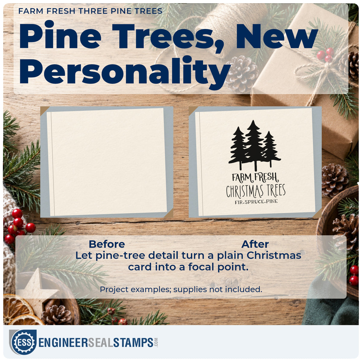 Before and after of a plain item finished with the Vintage Pro Farm Fresh Three Pine Trees Premium Wooden Stamp, a quick upgrade for framed graphic sign.