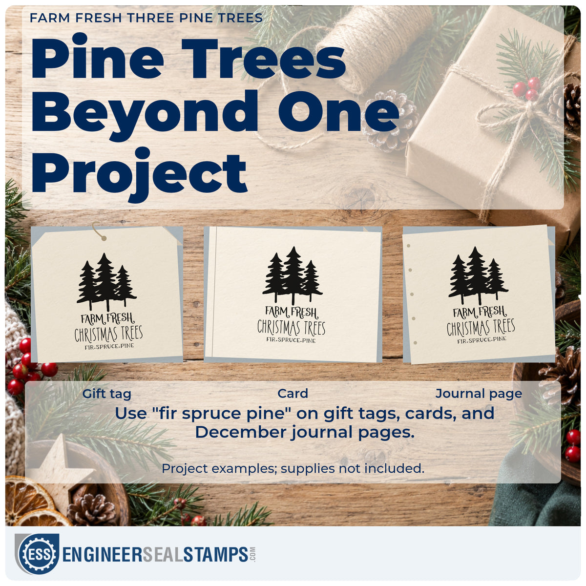 Three project examples made with the Pre-Inked Farm Fresh Three Pine Trees Stamp – PSI, including species count sheet.