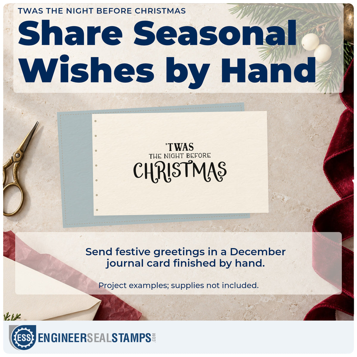 A finished handmade project stamped with the 'Twas The Night Before Christmas Serif Lettering Stamp – Wood Handle, ideal for read aloud album.
