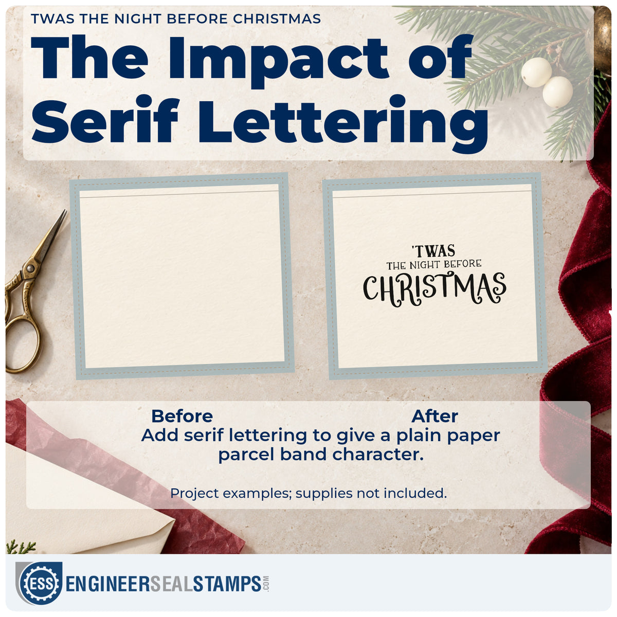 Before and after of a plain item finished with the 'Twas The Night Before Christmas Serif Lettering PSI Pre-Inked Stamp, a quick upgrade for framed reading chair.