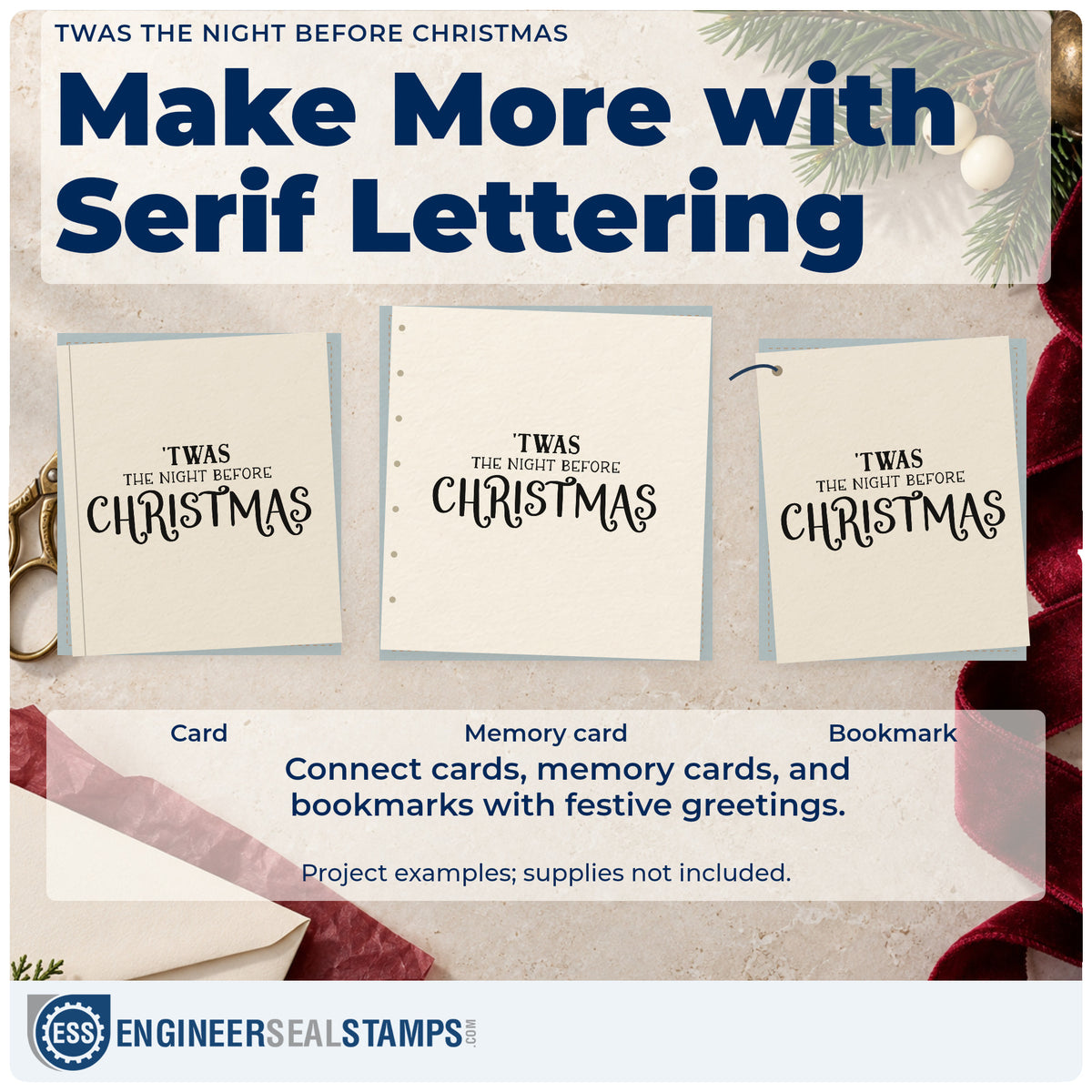 Three project examples made with the 'Twas The Night Before Christmas Serif Lettering Rubber Stamp – Duo Hand, including chapter head sheet.