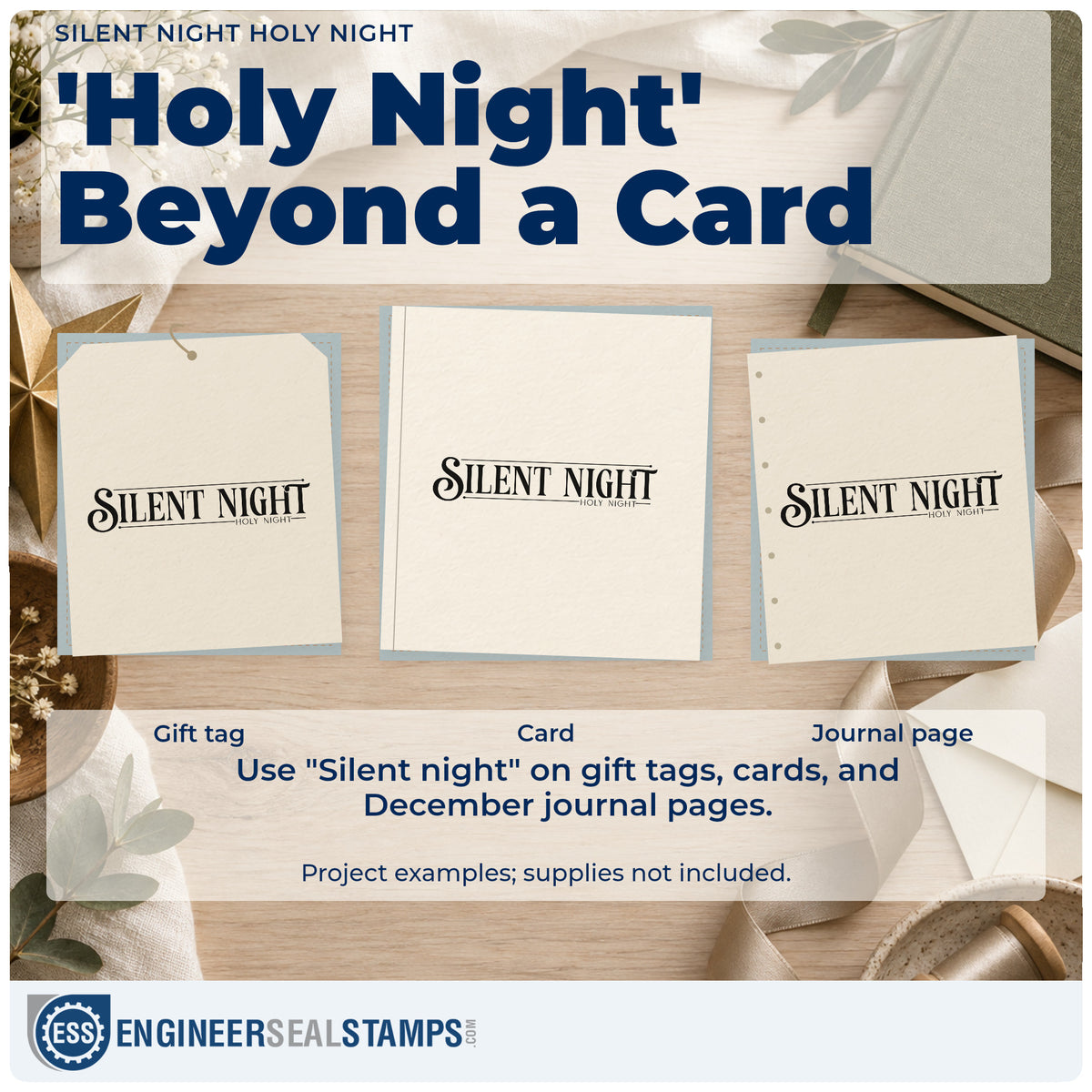 Three project examples made with the Silent Night Holy Night Serif Lettering Duo Hand Stamp, including order of worship sheet.