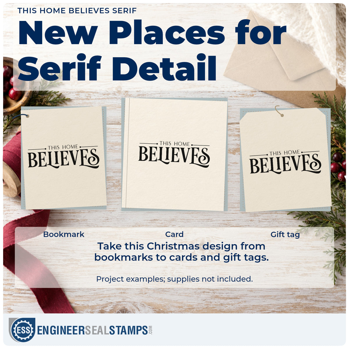 Three project examples made with the This Home Believes Serif Lettering Stamp – Premium Vintage Pro Wooden, including lined gift tags.
