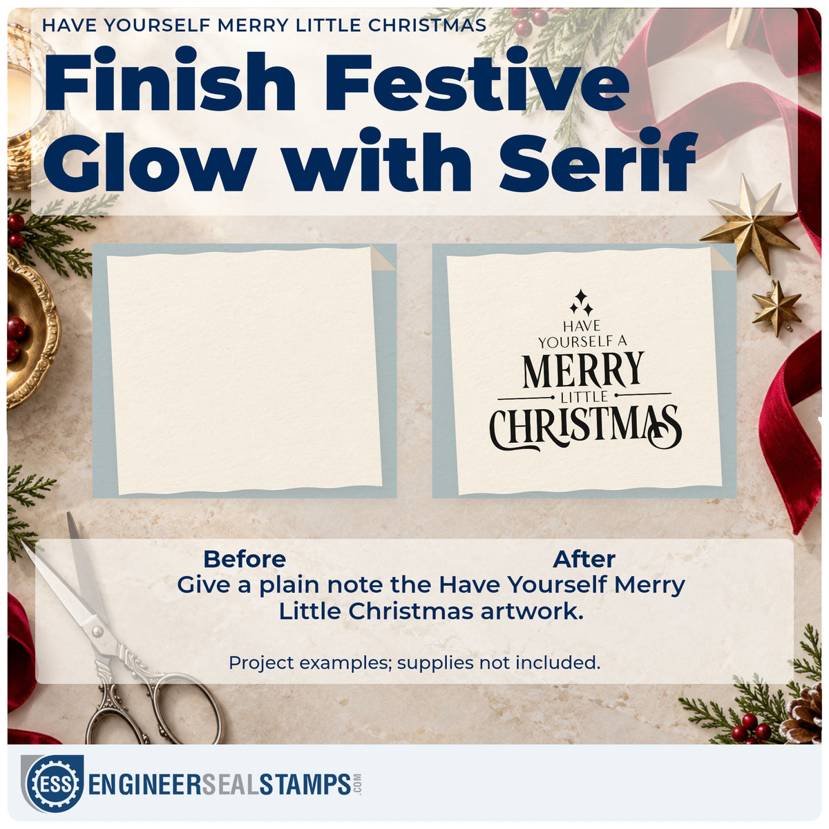 Before and after of a plain item finished with the Have Yourself A Merry Little Christmas With Sparkles Wood-Mounted Rubber Stamp, a quick upgrade for framed square mat.
