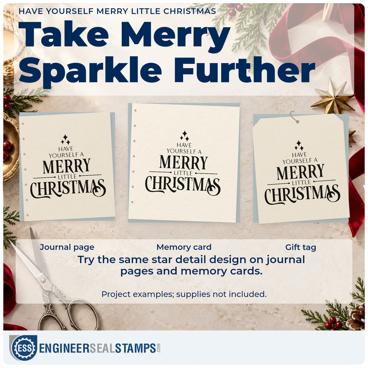 Three project examples made with the Have Yourself A Merry Little Christmas With Sparkles Pre-Inked Stamp – Slim, including block cover sheet.