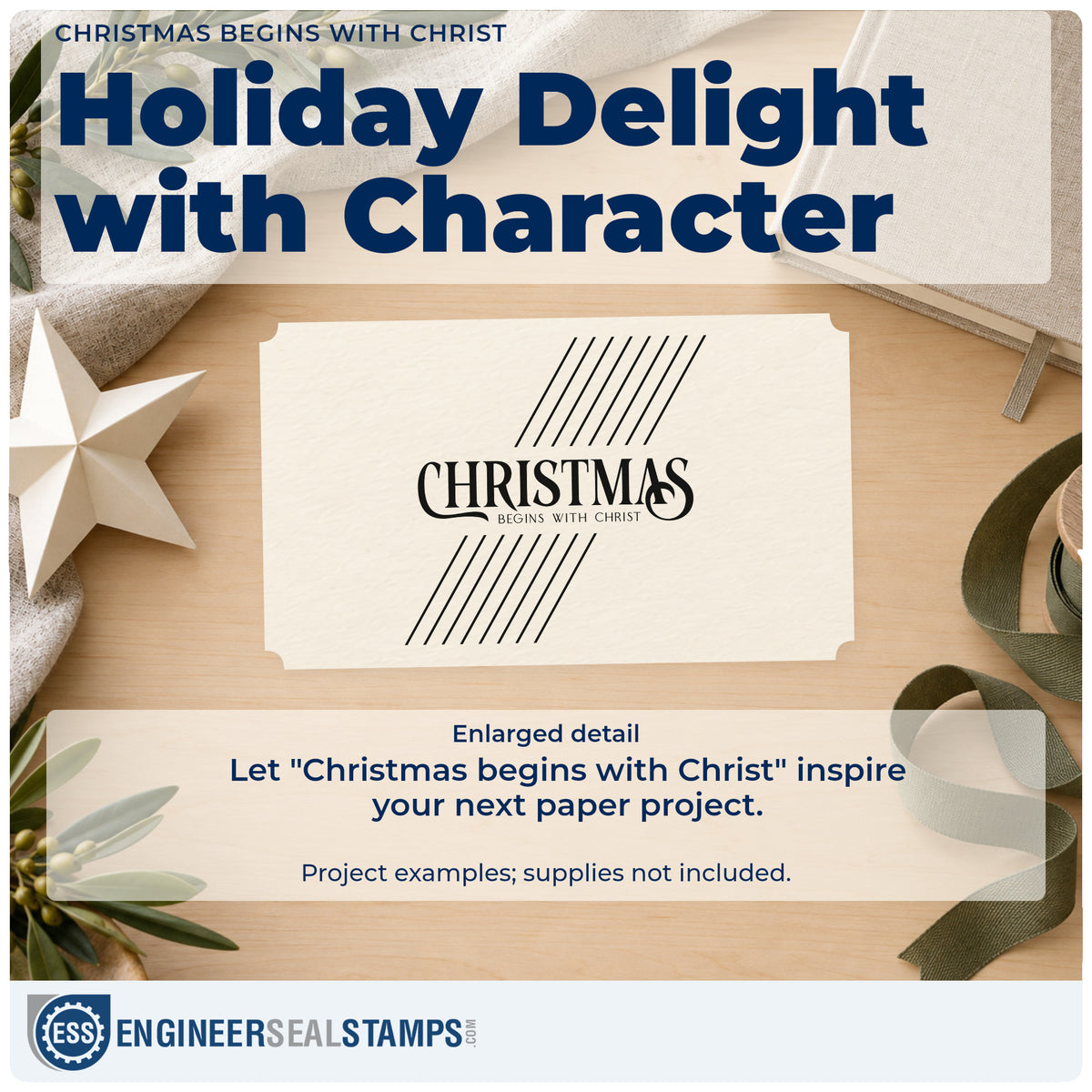 Enlarged detail of the Self-Inking Christmas Begins With Christ Lettering Stamp imprint. The words "Christmas begins with Christ" appear between two groups of diagonal parallel lines.