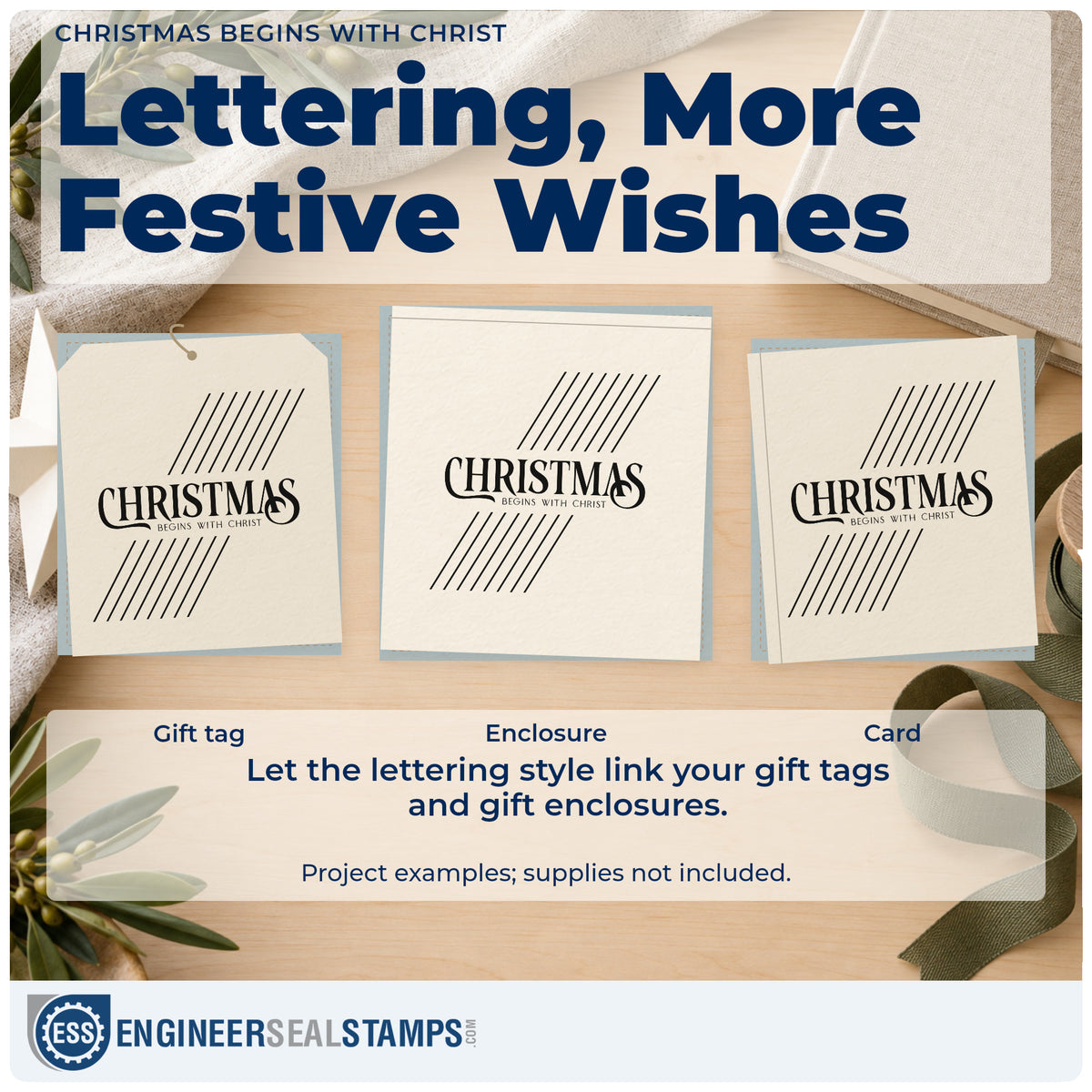 Three project examples made with the Christmas Begins With Christ Lettering Slim Pre-Inked Stamp, including lesson outline sheet.