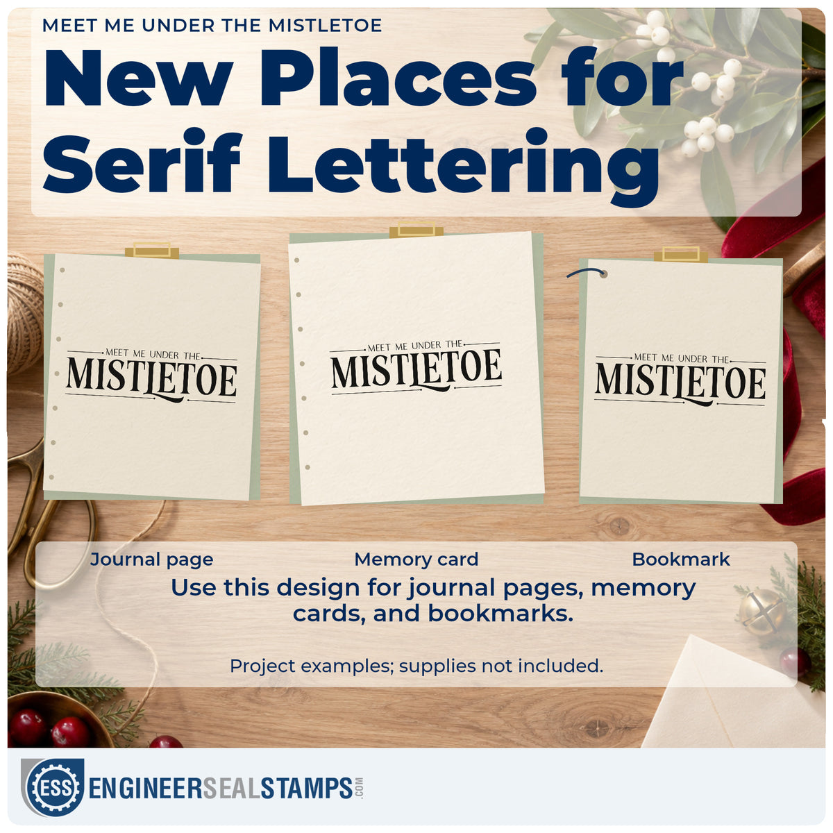 Three project examples made with the Meet Me Under The Mistletoe Stamp – PSI Pre-Inked, including letter paper header.