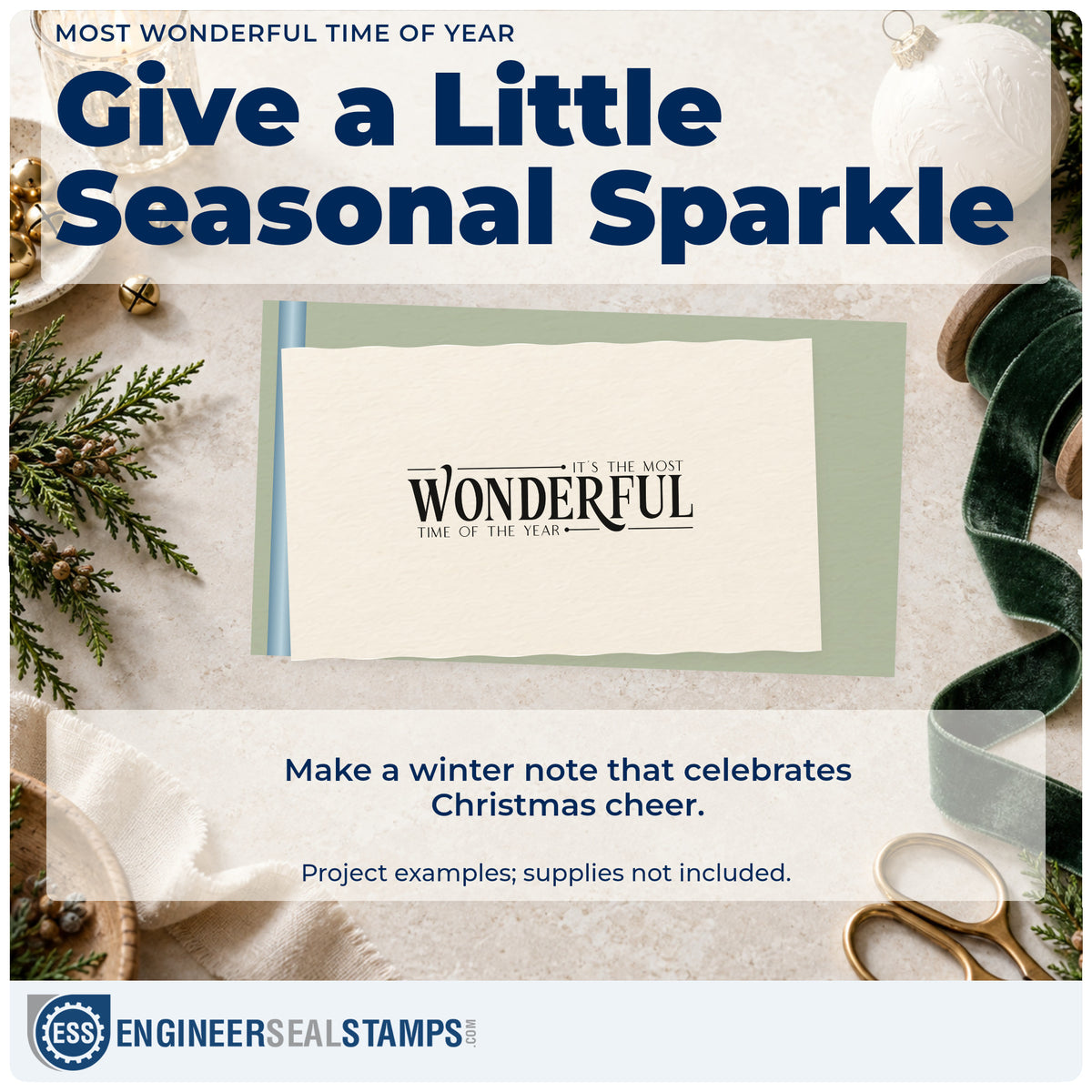 A finished handmade project stamped with the It's The Most Wonderful Time Of The Year Serif Lettering PSI Pre-Inked Stamp, ideal for feature album page.