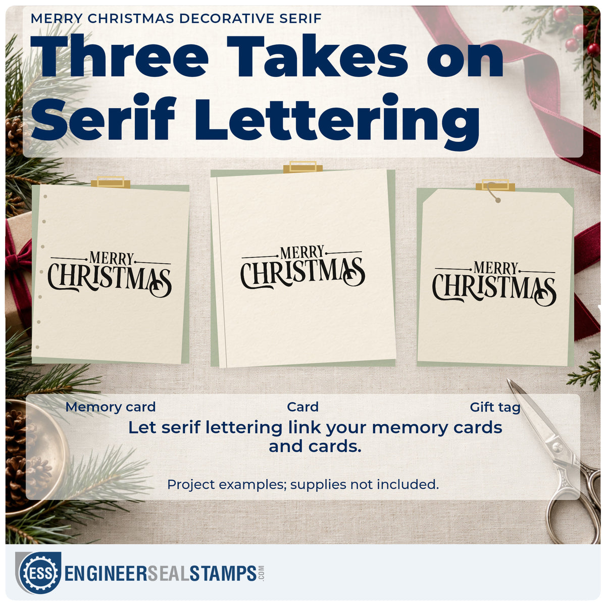 Three project examples made with the Merry Christmas Premium Wood-Mounted Stamp – Vintage Pro, including run record sheet.