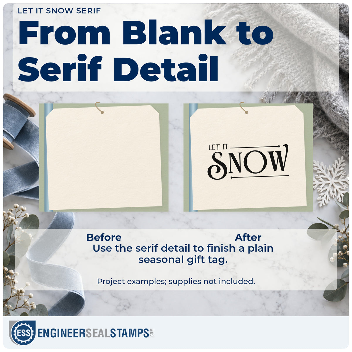 Before and after of a plain item finished with the Let It Snow Serif Hand Stamp – Duo, a quick upgrade for framed fitting room.