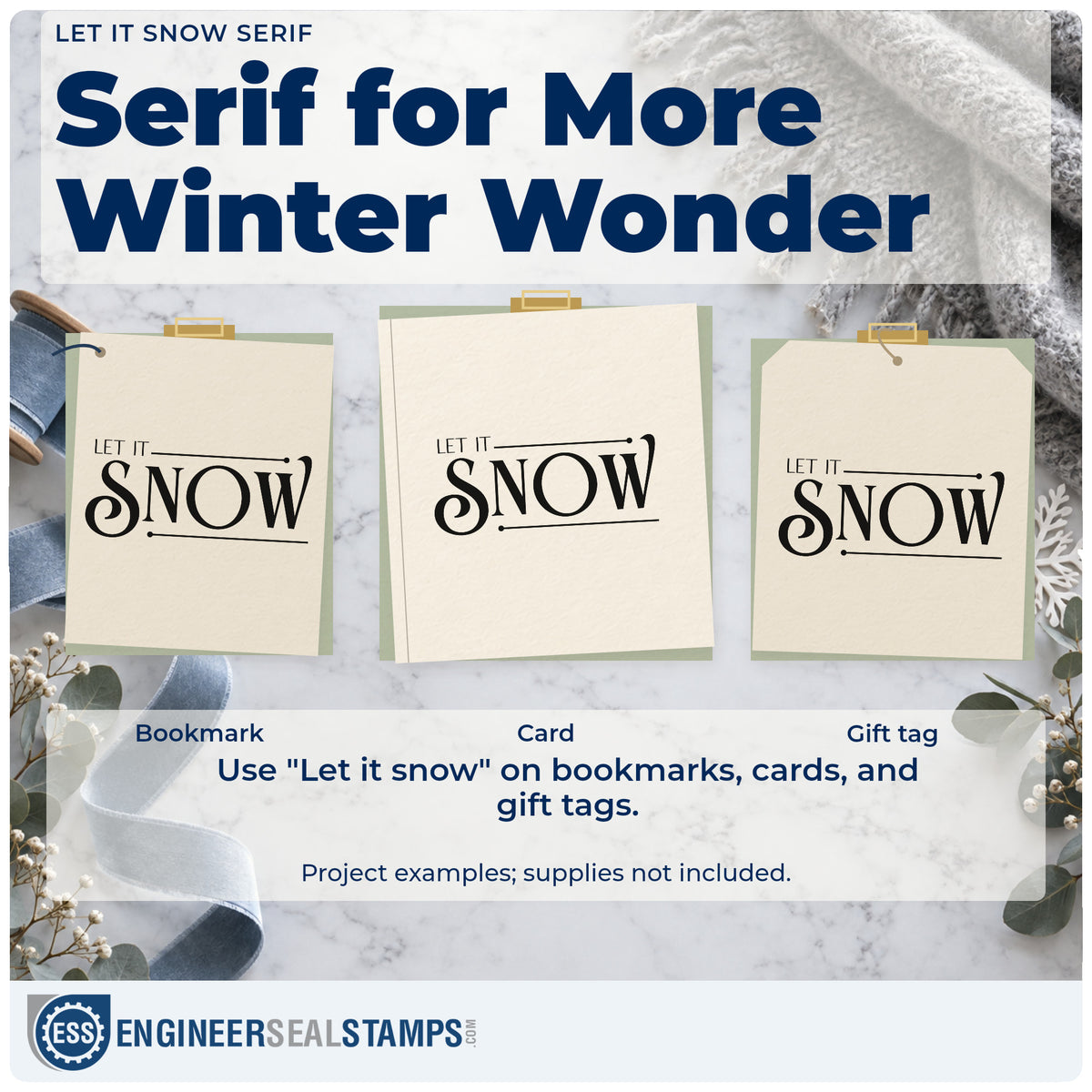 Three project examples made with the Let It Snow Serif Hand Stamp – Duo, including buy plan sheet.