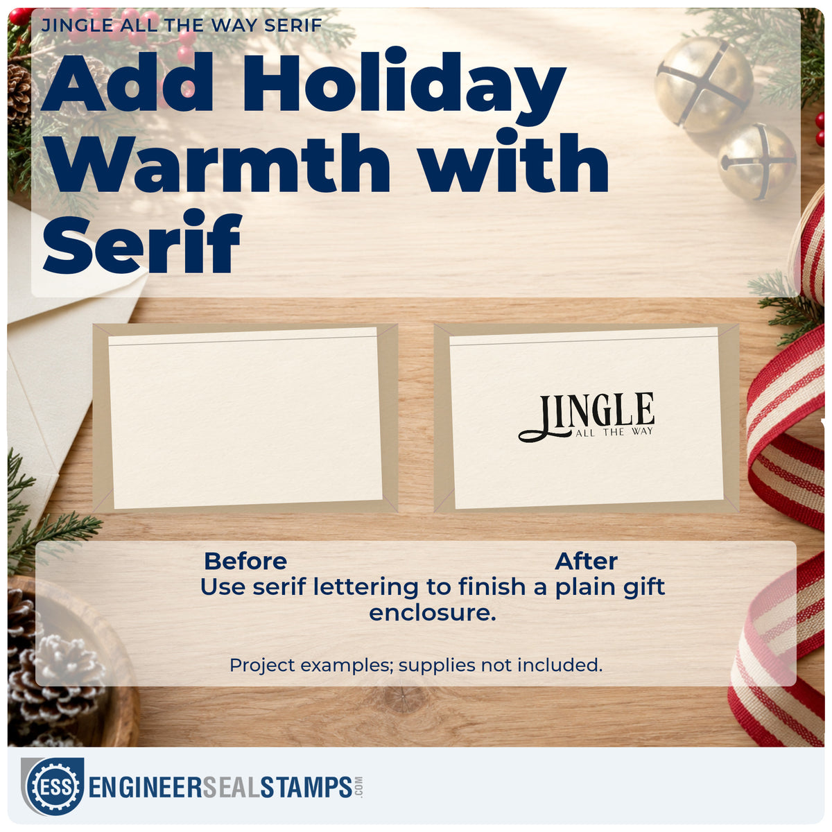 Before and after of a plain item finished with the Jingle All The Way Serif Lettering Compact Pre-Inked Stamp – Slim, a quick upgrade for framed wide mat.