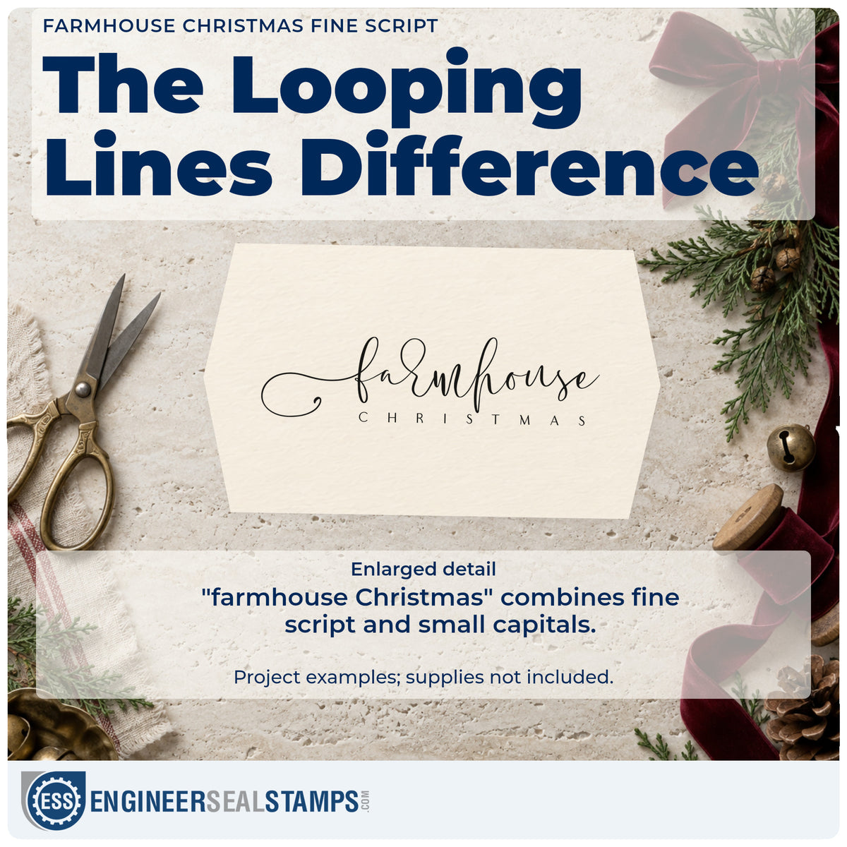 Enlarged detail of the Farmhouse Christmas Fine Script Rubber Stamp – Wood Handle imprint. The words "farmhouse Christmas" appear in fine cursive and spaced capitals with a long initial flourish.