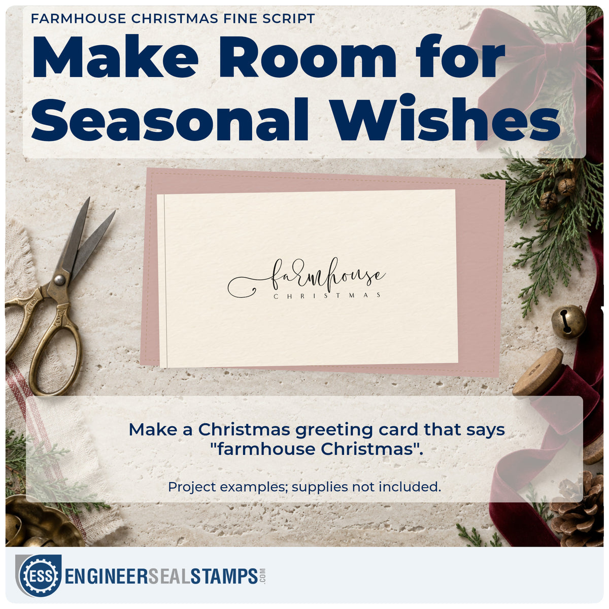 A finished handmade project stamped with the Farmhouse Christmas Fine Script Rubber Stamp – Wood Handle, ideal for farmhouse album page.