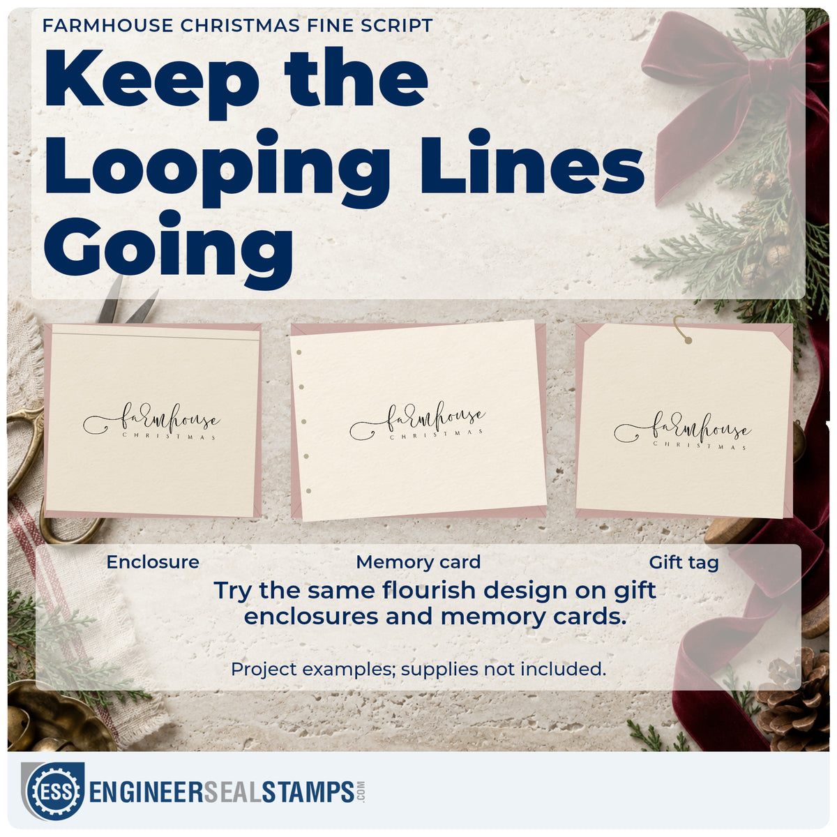 Three project examples made with the Farmhouse Christmas Fine Script Rubber Stamp – Wood Handle, including decor plan sheet.