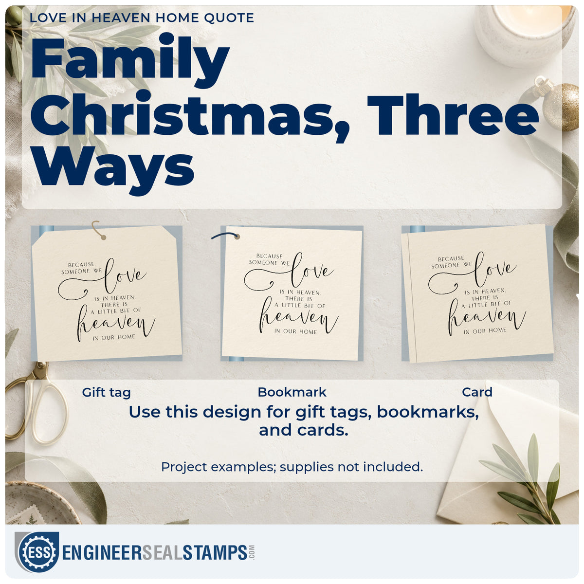 Three project examples made with the Love In Heaven Home Quote Rubber Stamp – Wood Handle, including remembrance note sheet.