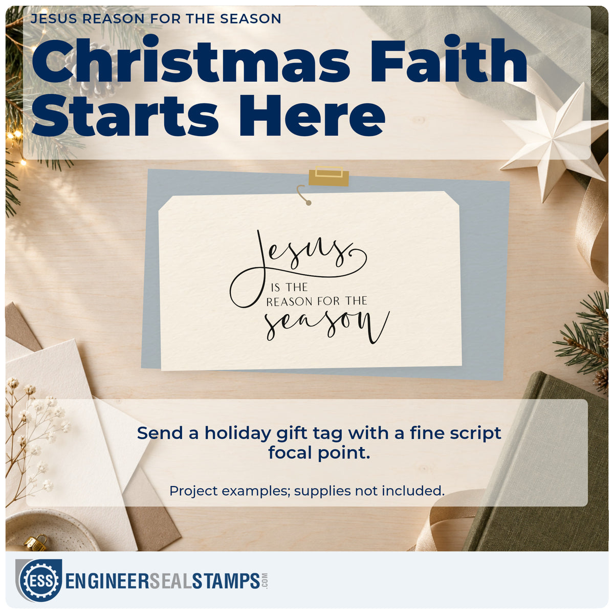 A finished handmade project stamped with the Jesus Is The Reason For The Season PSI Pre-Inked Stamp, ideal for testimony album page.