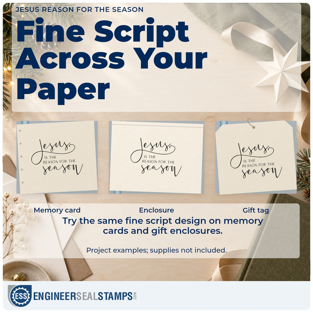 Three project examples made with the Jesus Is The Reason For The Season PSI Pre-Inked Stamp, including verse memory sheet.