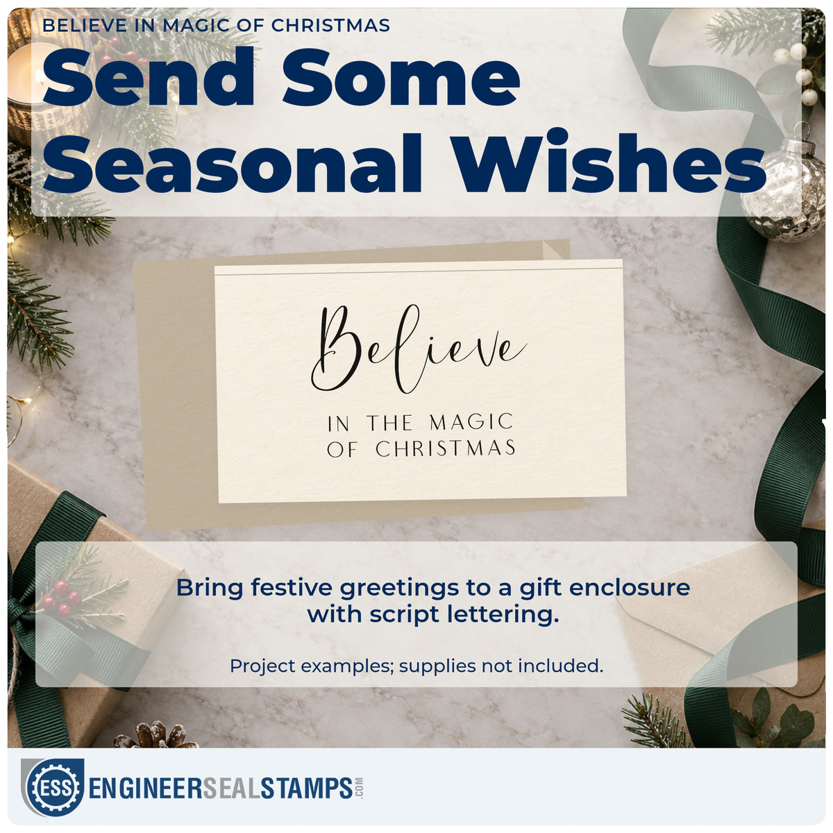A finished handmade project stamped with the Believe In The Magic Of Christmas Script Lettering Slim Pre-Inked Stamp, ideal for story album page.