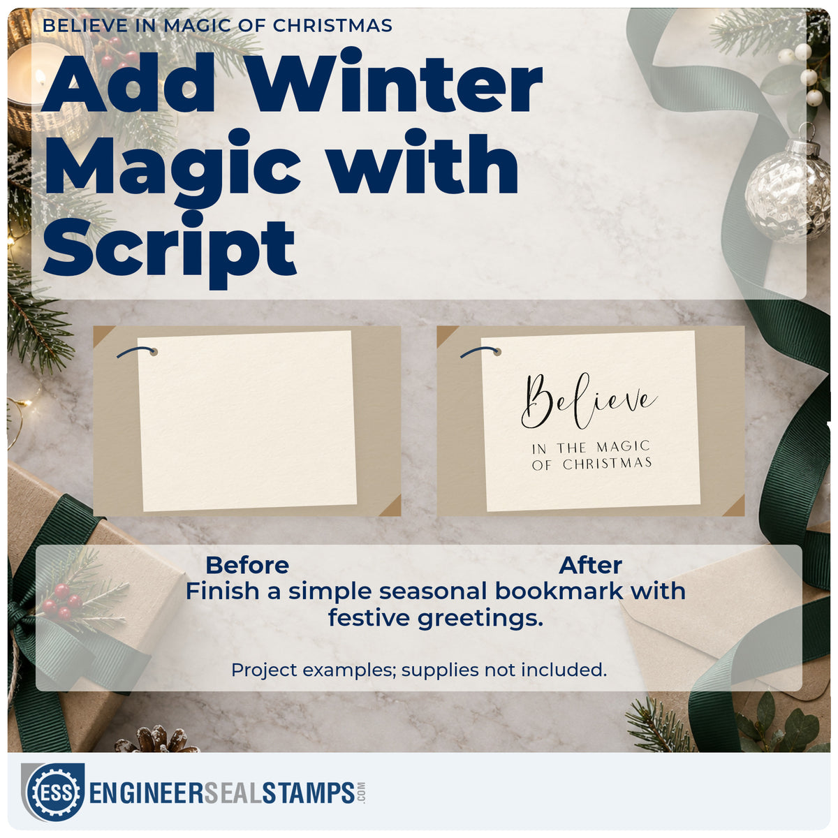 Before and after of a plain item finished with the Duo Hand Believe In The Magic Of Christmas Script Lettering Rubber Stamp, a quick upgrade for framed stairwell art.