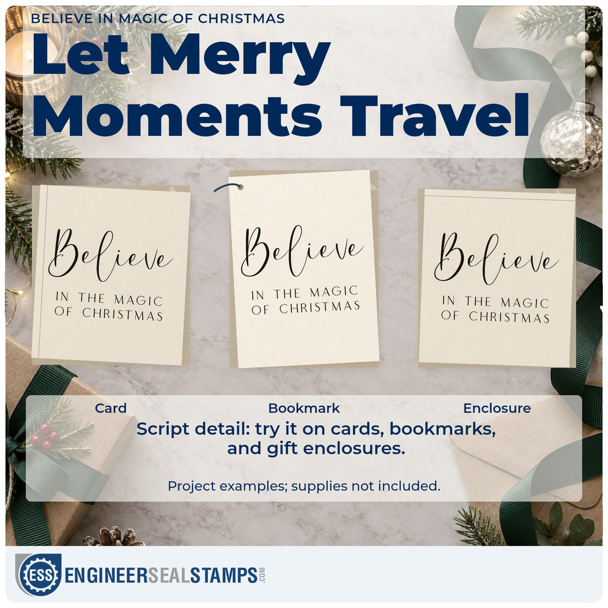 Three project examples made with the Duo Hand Believe In The Magic Of Christmas Script Lettering Rubber Stamp, including program order sheet.