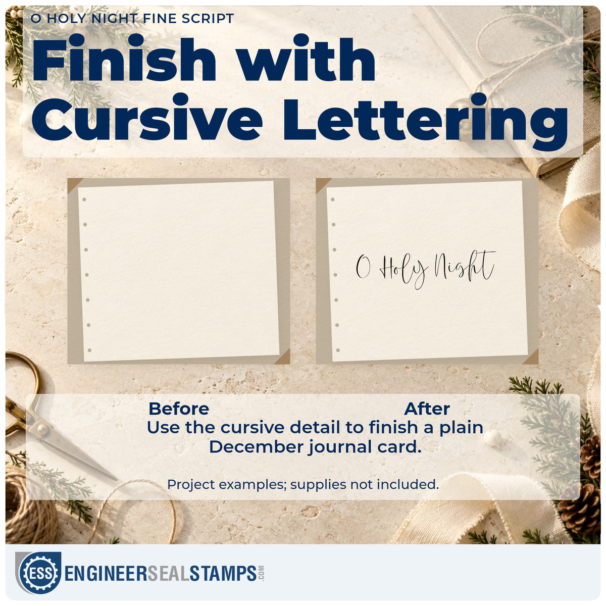 Before and after of a plain item finished with the O Holy Night Fine Script Lettering Rubber Stamp – Duo Hand, a quick upgrade for framed long strip.