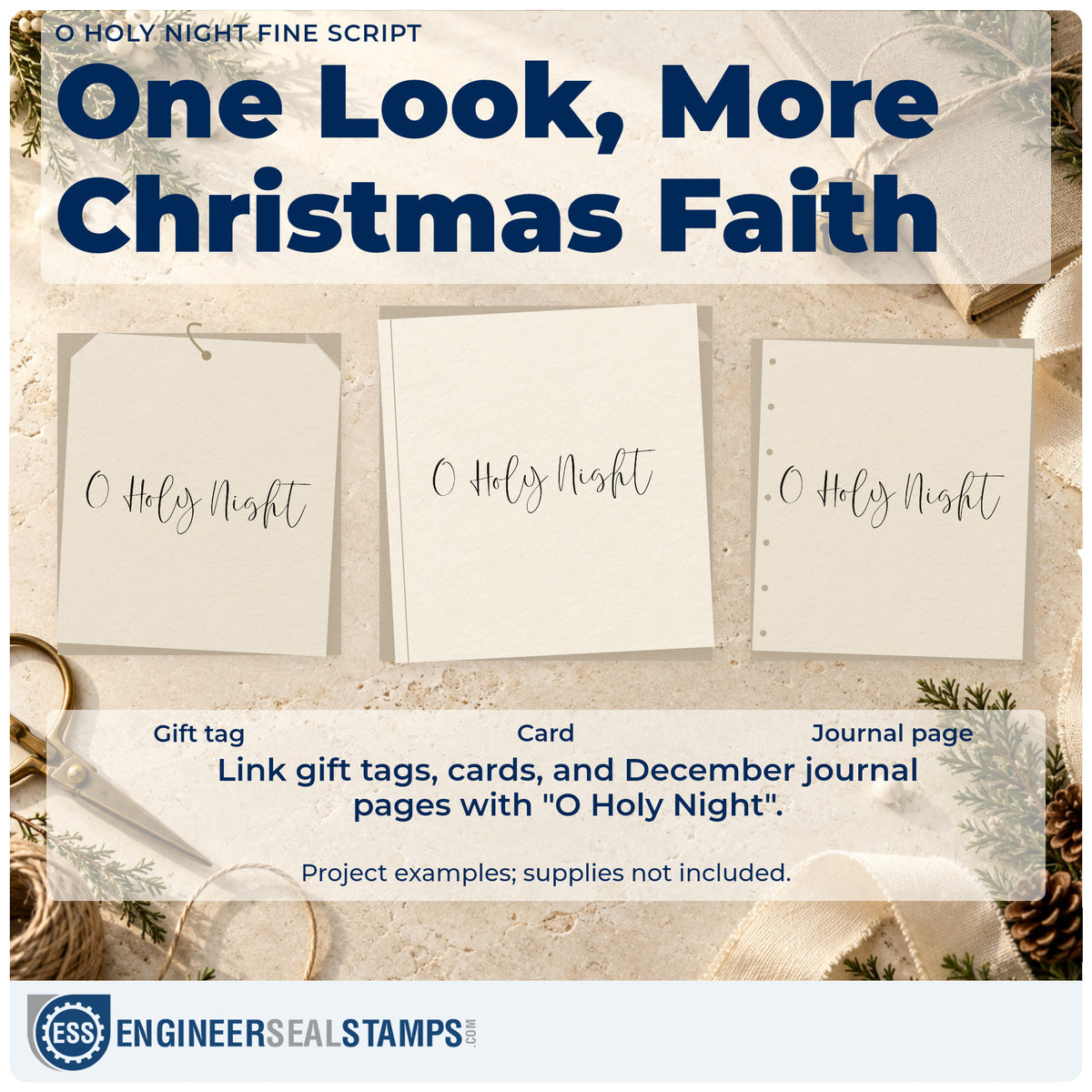 Three project examples made with the O Holy Night Fine Script Lettering Wood Handle Stamp, including header rule sheet.